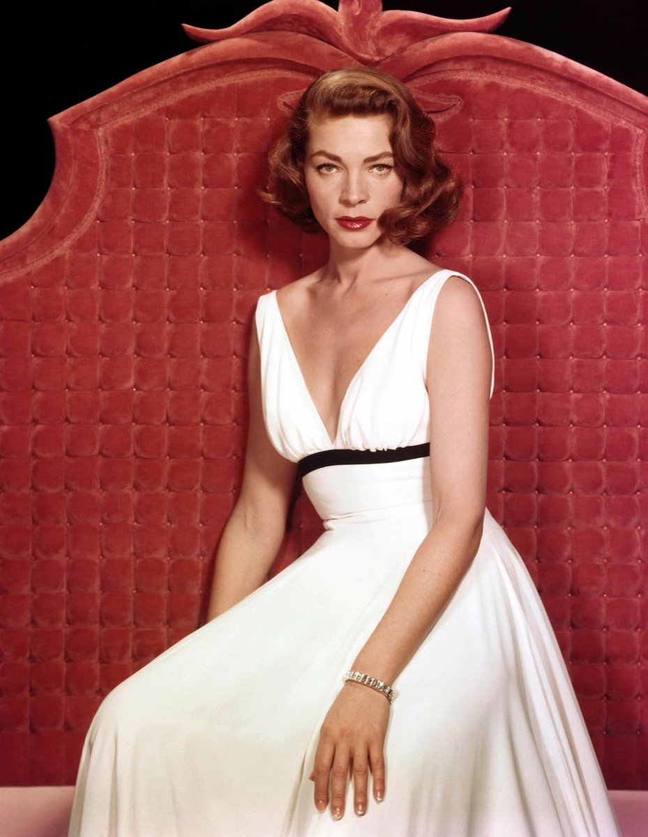 Lauren Bacall: White gown with black sash