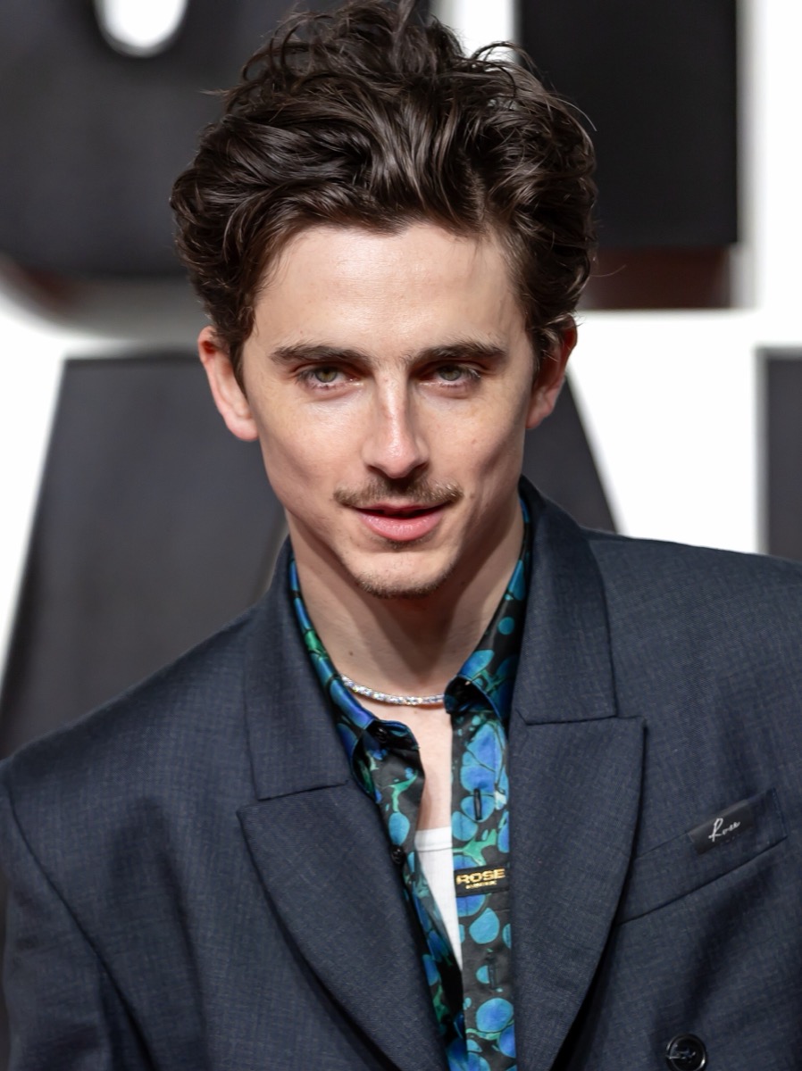 Timothée Chalamet wearing navy suit and printed shirt