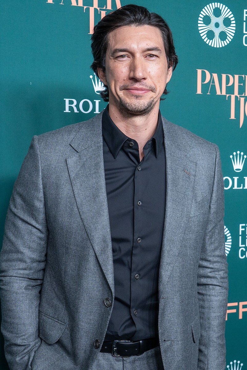 Adam Driver: Grey suit and black shirt