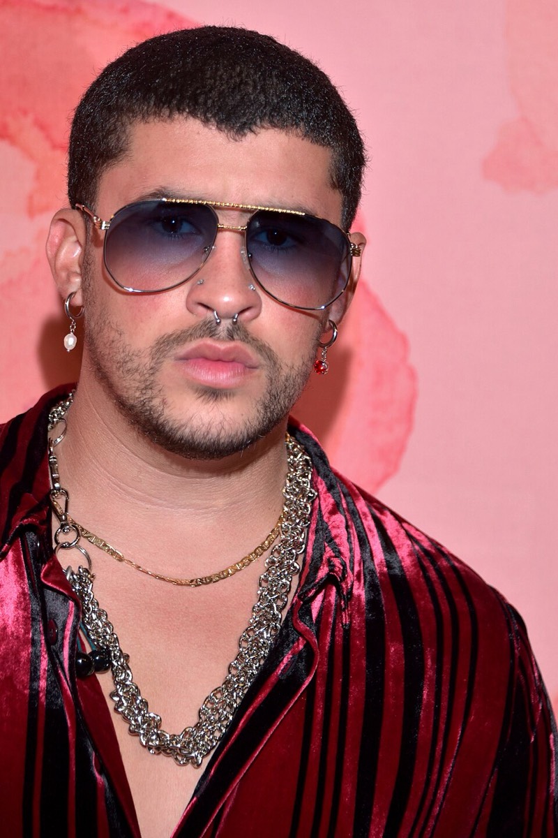 Bad Bunny: Velvet shirt and aviators