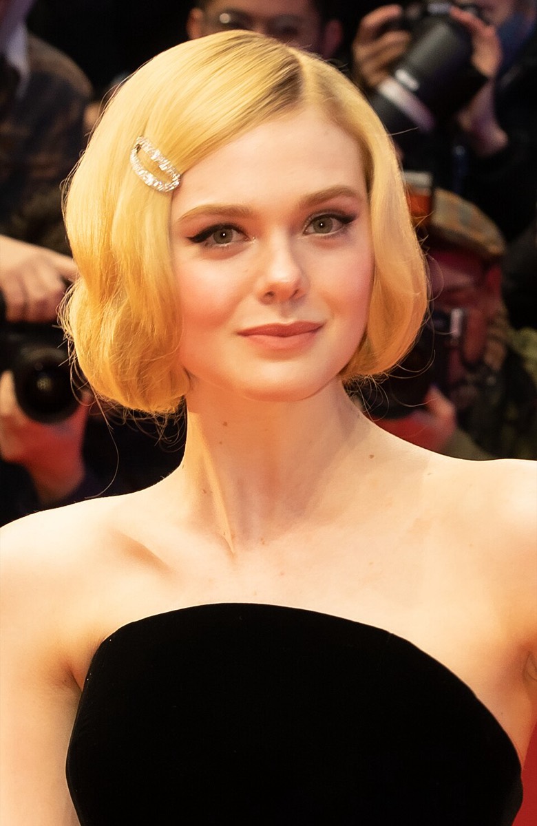Elle Fanning wearing black strapless dress and hair clip at Berlinale 2020