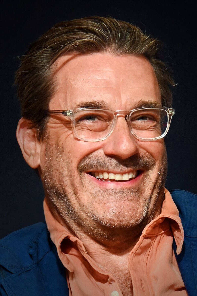 Jon Hamm: Clear glasses and salmon shirt
