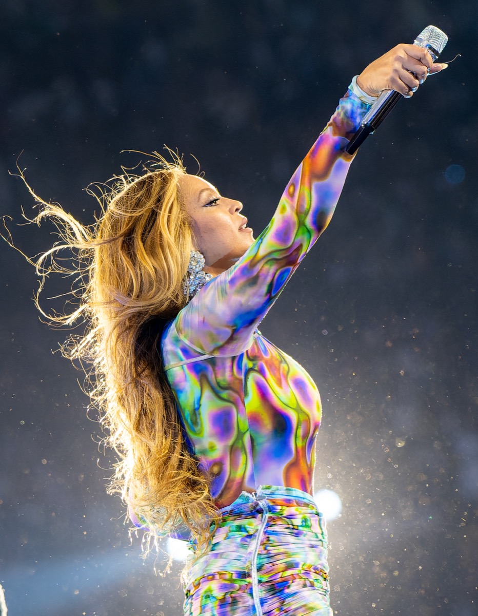 Beyoncé wearing holographic print catsuit at Renaissance World Tour
