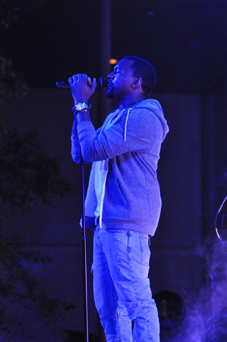 Kanye West: Blue hoodie and light jeans